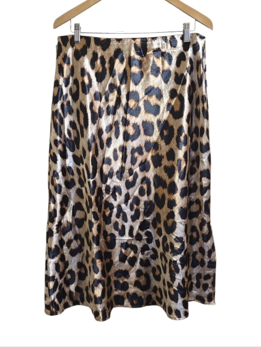 Calligraphie Satin Leopard Elastic Stretch Waist Midi Skirt. Size Large